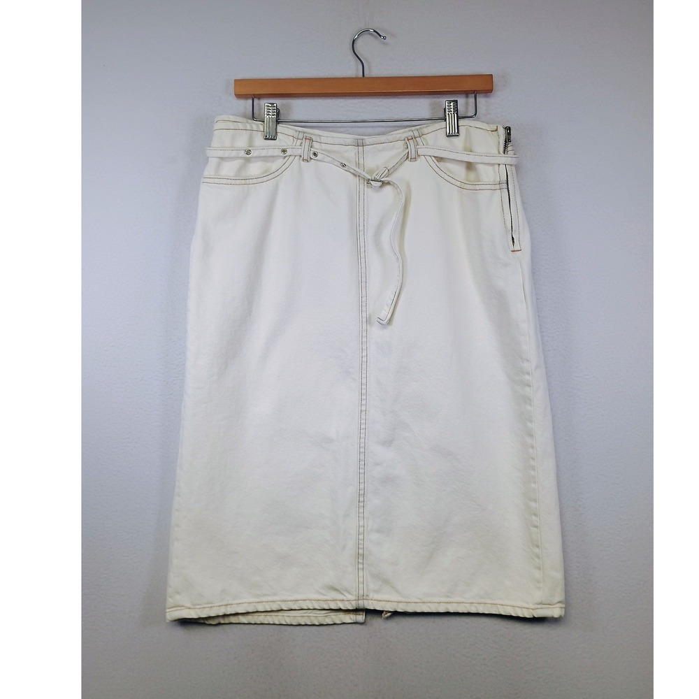 Minimalist Utility Zara Womens Size L Off White Denim Midi Skirt Belted Side Zip